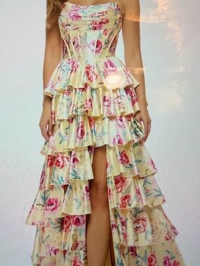 Sherri Hill Yellow Floral Tiered Ruffle Strapless Prom Gown 57875